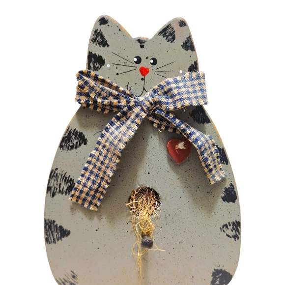 VTG Y2K Primitive Folkart Cat Decor Figurine Rustic Wood Shelf Sitter w/Hook 6" - Picture 1 of 8